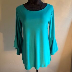 Women With Control Teal Green Jersey Knit Ruffle Flare Sleeves Top Women’s Sz XS